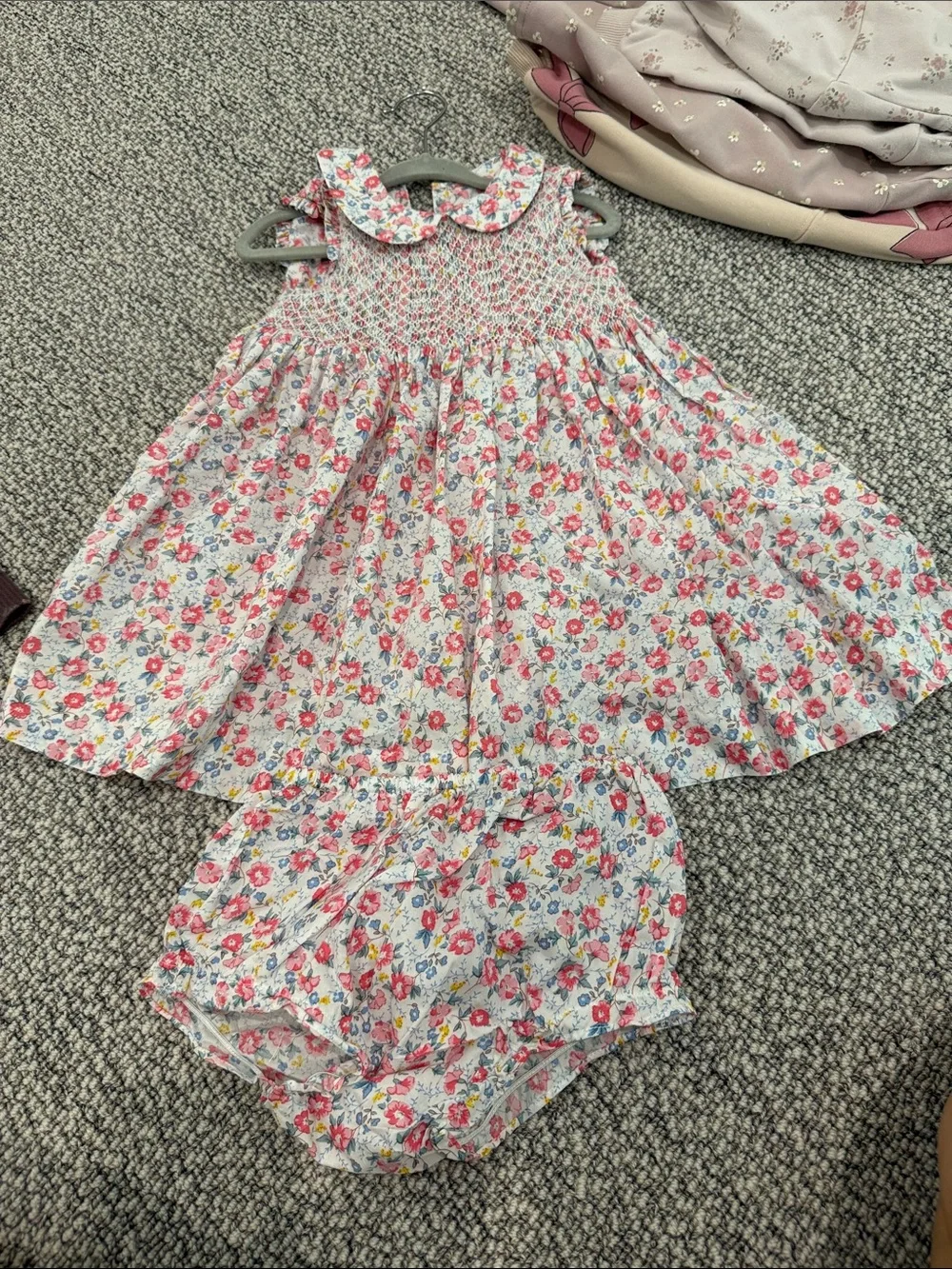 Smocked Floral Peter Pan Collar Dress for Girls in Pink and Blue